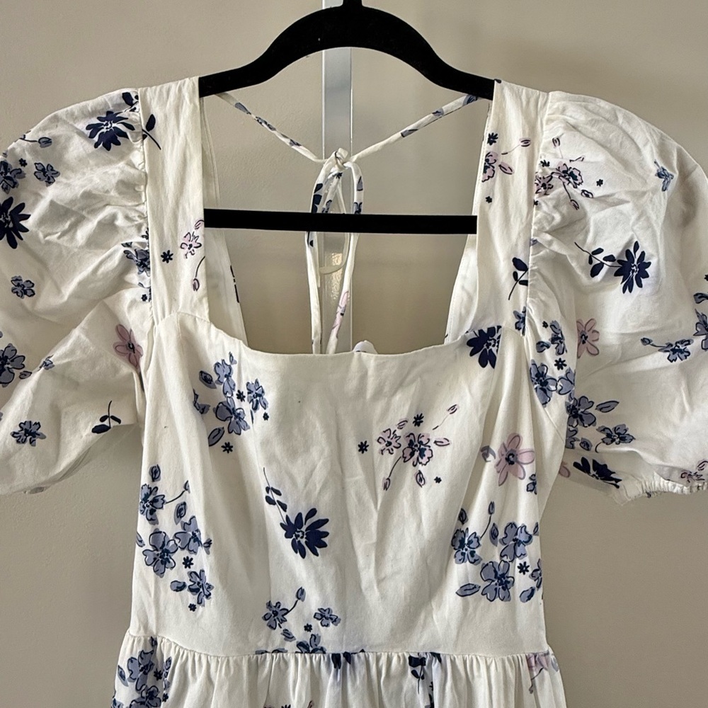 WAYF White Blue Floral Puff Sleeve Tie Back Midi Dress XS - Picture 9 of 15